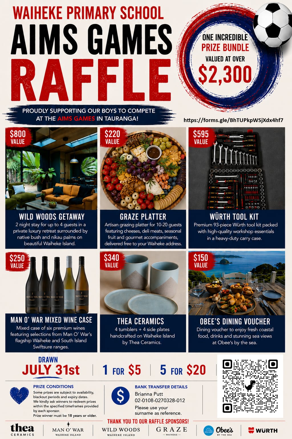 Waiheke Primary School AIMS Games Raffle poster showing the prize bundle